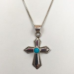 .925 Sterling Silver and Blue Turquoise Cross Pendant Necklace